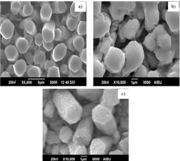 Fig. 3. – SEM micrographs of ZnO microrod (a), ZnO/CdTe heterojunction (b) and ZnO/ZnTe heterojunction (c).