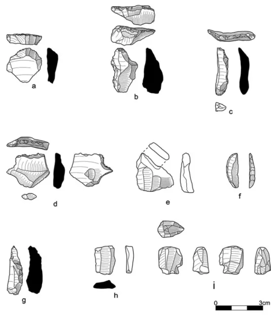 Figure 3. A selection of chipped stones from site 35: a–c) scrapers; d) perforator; e) burin; f ): lunate; g–h) retouched blades; i) bladelet core (drawing by D