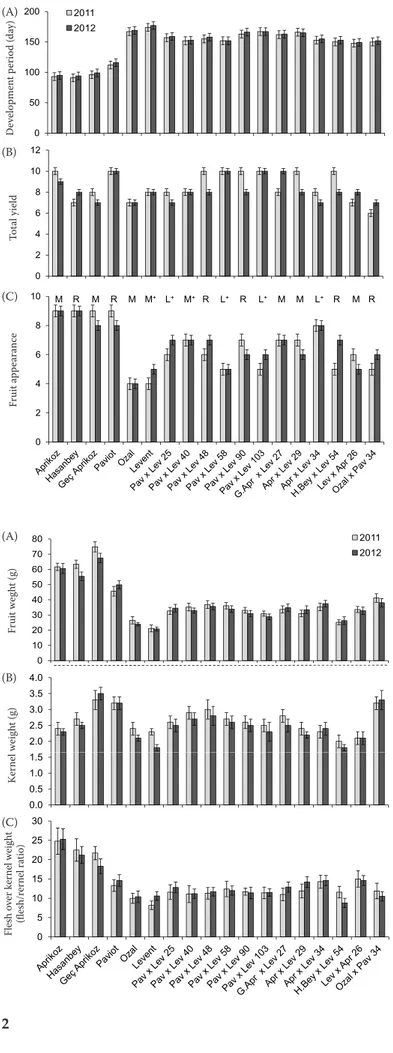 Figure 1. Evaluation of apricot parental lines and  hybrids: fruit development period in days (A),  total yield (B) and fruit appearance (C) during  the years 2011 and 2012; yield (kg/tree) and  fruit appearance (attractiveness of the fruit  appearance) ar