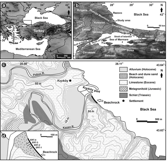 Fig. 1. (a–b) Location maps of study area; (c) geology map of the study area and its environs; (d) ERT lines taken perpendicular to the coastline.