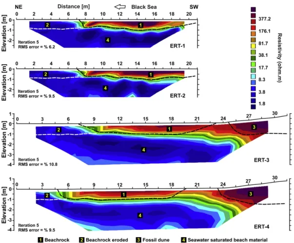 Fig. 3. Interpreted inverse model resistivity tomograms taken perpendicular to the coastline.