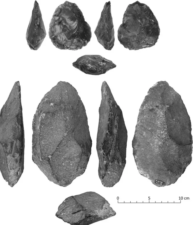 Figure 5 Small obsidian bifacial handaxe and larger basalt handaxe on flake from Gollu Dag survey