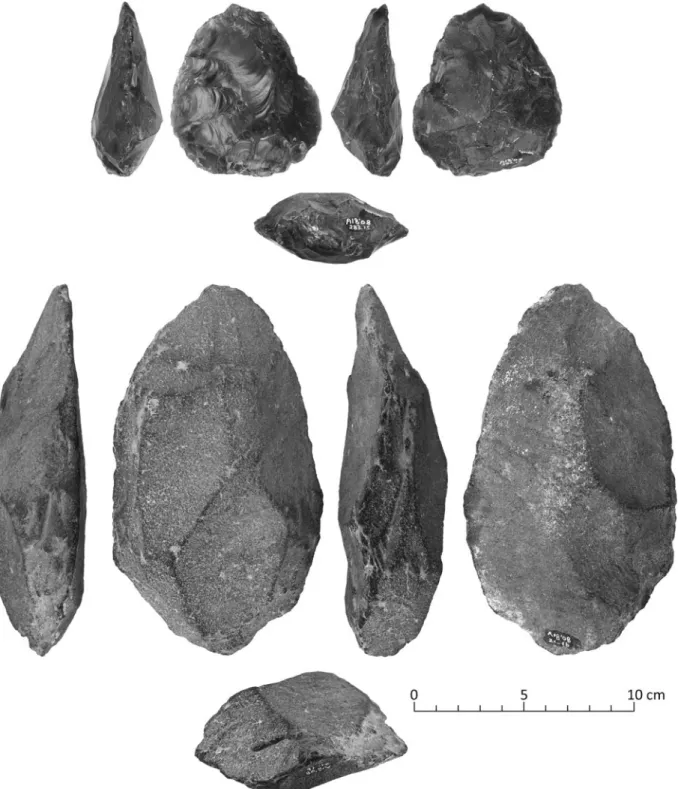 Figure 5 Small obsidian bifacial handaxe and larger basalt handaxe on flake from Gollu Dag survey