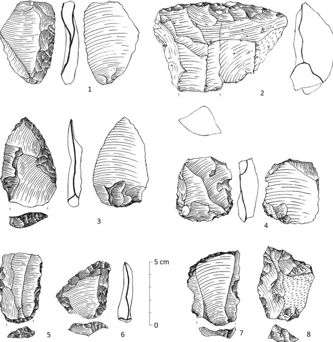 Figure 9 Retouched flake tools from the Gollu Dag survey. 1) simple sidescraper; 2, 7) transverse scrapers; 3) retouched point with thinned butt; 4) truncated/faceted piece; 5) double sidescraper; 6) dejete scraper; 8) denticulate/perc oir