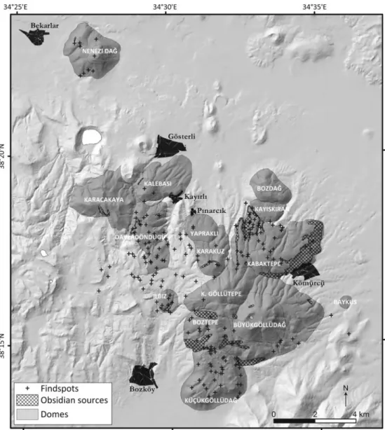 Figure 2 Major domes in Gollu Dag volcanic complex, indicated by medium gray shading. Crosses mark Paleolithic find- find-spots