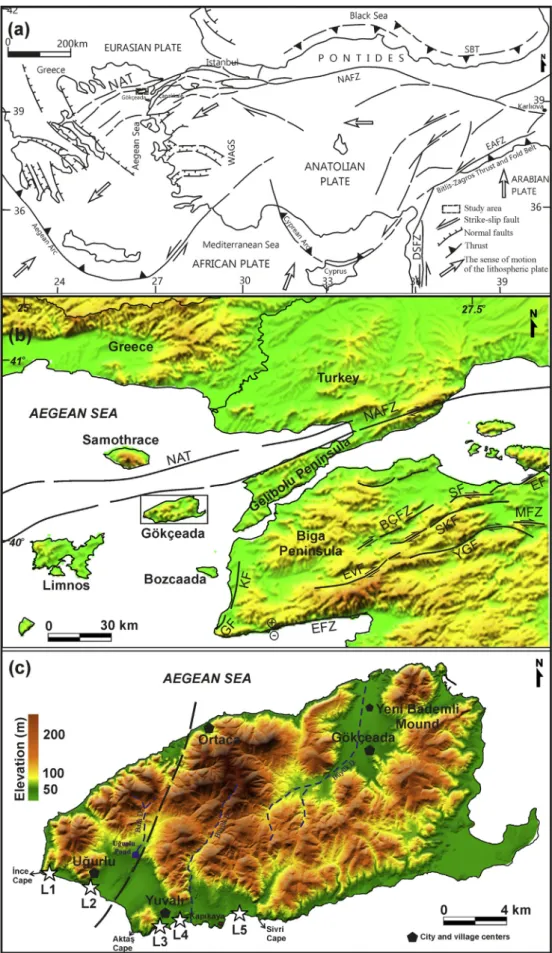 Fig. 1. Geologic-morphologic characteristics of study area and surroundings; a) map showing main neotectonic elements found within the study area (from Yigitbas¸ et al., 2004 ); b) Digital Elevation Model (DEM) showing morphology and active faults in the 