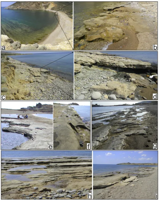 Fig. 2. Images from G€okçeada beachrock formations a) L1: distant; and b) close-up view of Gizli Liman beachrock formation; c) L2: distant; and d) close-up view of Ugurlu Liman beachrock formation