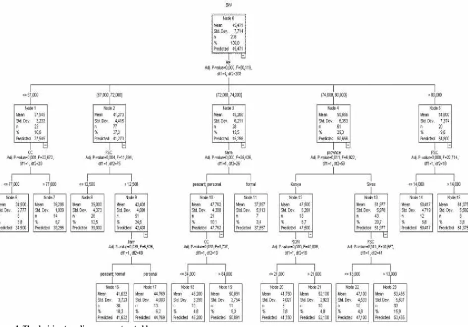 Figure 1. The decision tree diagram constructed by CHAID algorithm for BW prediction