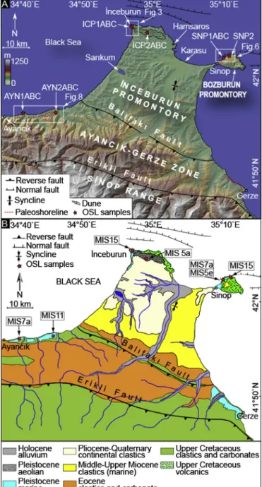 Fig. 2. (A). Digital elevation model (25 m resolution) and morphotectonic segments of