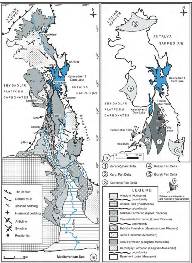 Figure 2. a) Geological map of the Aksu Basin (modified from Akay and Uysal, 1984; Şenel, 1997; Glover and Robertson, 