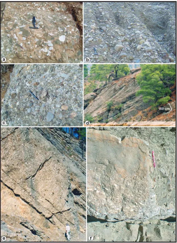 Figure 4. a) Limestone breccia (F1), b) matrix-supported conglomerate (F2), c) clast-supported conglomerate (F3), 