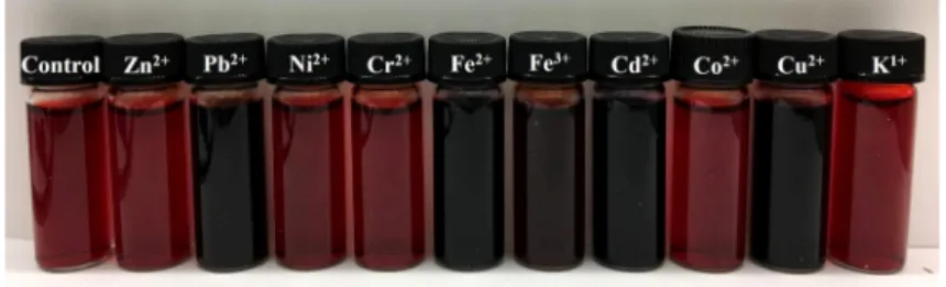 Fig. 1. Appearance of aqueous 1:1 mixtures of 1 mM CR and 1 mM of different metal cations