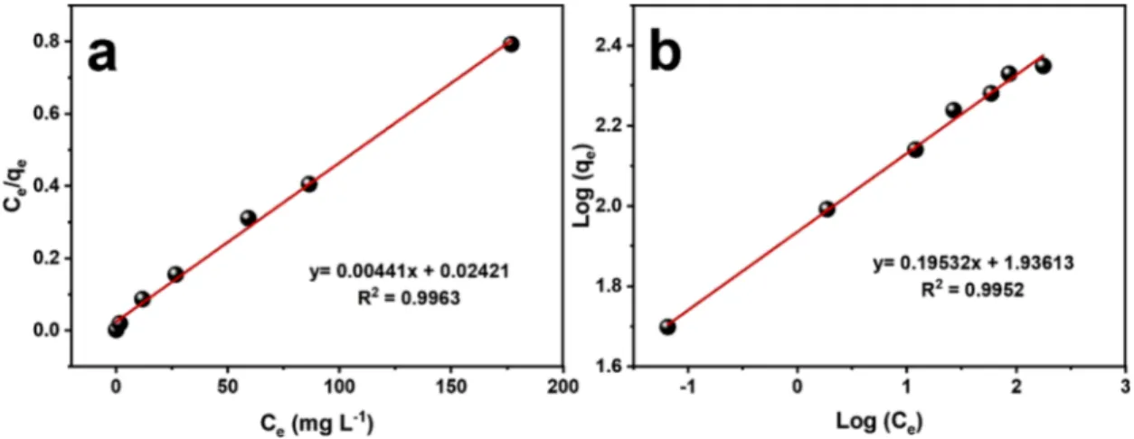 Fig. 5. (a) Langmuir and (b) Freundlich isotherms models for MNP/PAA-CR for the removal of Pb 2+ 
