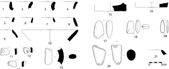 Fig. 5. Neolithic finds from Kömür Burnu. 1-16 pottery; 17-19 polished axes; 20 basalt pestle(?); 21 basalt stone bowl fragment (digital drawings by E