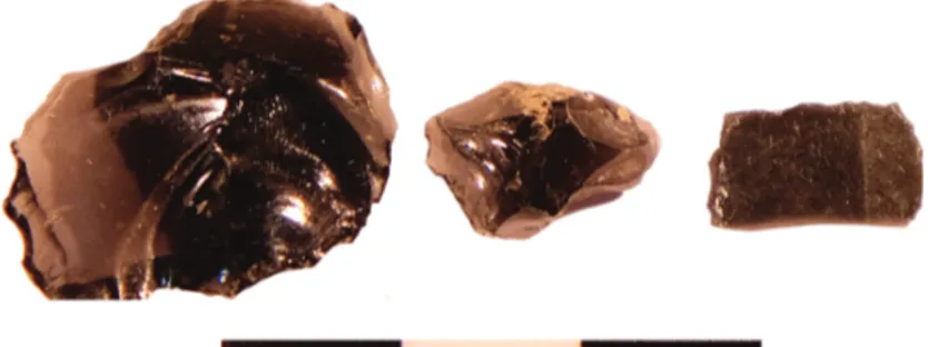 Fig. 7. Obsidian pieces from Kömür Burnu. Left and center: flakes on Göllüdagg obsidian; right: medial blade fragment on Melian obsidian (photo by G