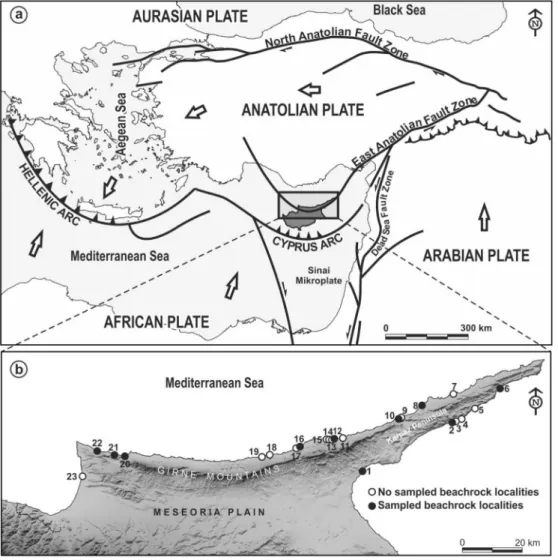 Fig. 1. (a) Generalized tectonic map of Eastern Mediterranean (Compiled from S¸eng€or et al., 1985; Barka and Reilinger, 1997; Bozkurt, 2001; Robertson and Mountrakis, 2006 ), (b) distribution of 23 beachrock locations and 10 selected sampling sites on Nor