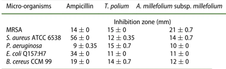 Table 2. Antimicrobial activity (inhibition zones) of the essential oils from T. polium and A