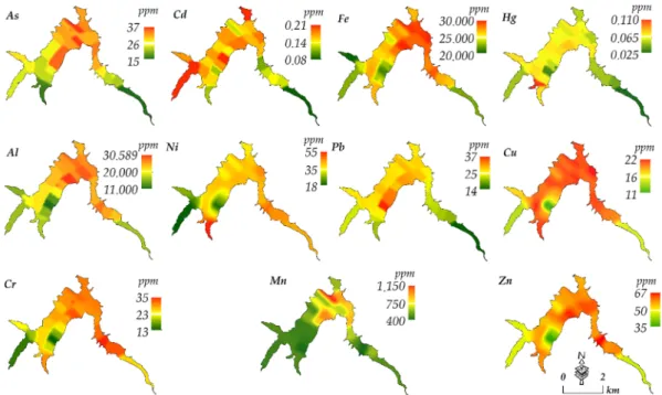 Fig. 2. Spatial distribution of metals in the dam base based on kriging interpolation