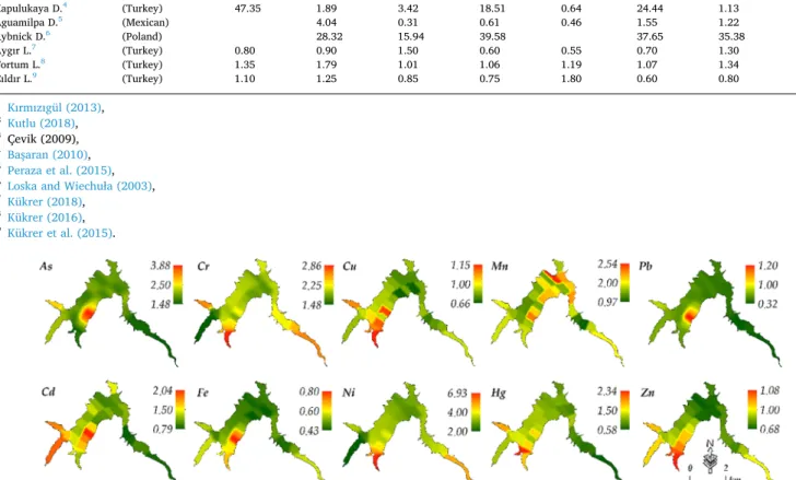Fig. 4. Spatial distribution of enrichment factor in dam base according to lithologic background values and kriging interpolation