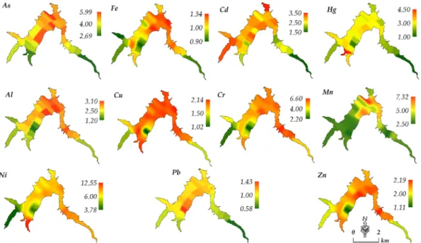 Fig. 5. Spatial distribution of contamination factor in dam base according to lithologic background values and kriging interpolation