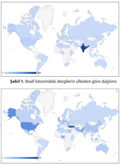 Şekil 1 ise listedeki dergilerin ülkelere göre dağılımının harita üzerinde gösterimidir