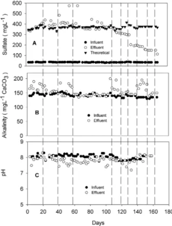 Figure 3. In ﬂuent and efﬂuent sulfate (A), alkalinity (B), and pH (C) variations at different stages.