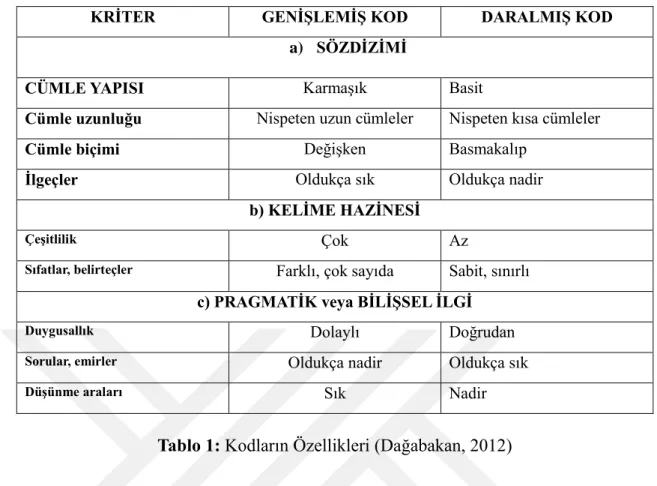 Tablo 1: Kodların Özellikleri (Dağabakan, 2012) 