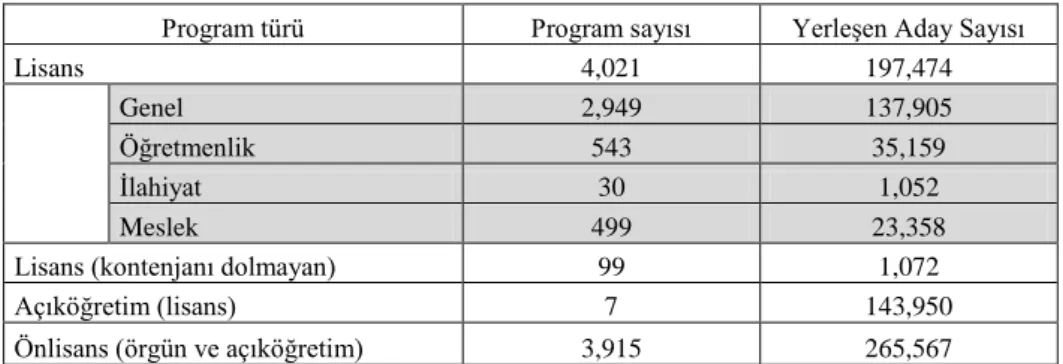 Tablo 5. Program Bilgileri 