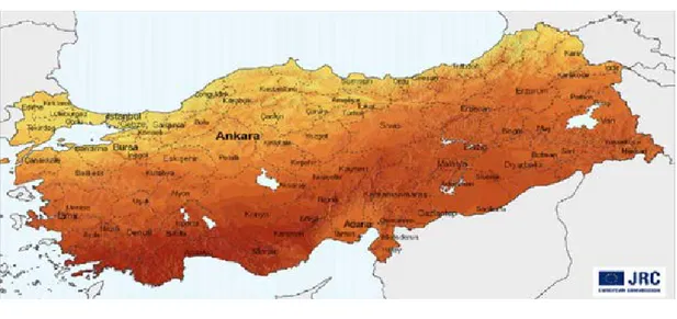Şekil 3:Türkiye'nin Yıllık Ortalama Güneş Enerjisi Haritası (KWh/m2) 