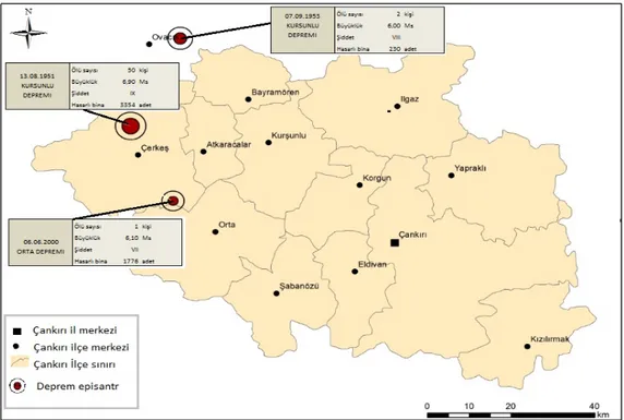 Şekil 2. Çankırı ilçe bazlı deprem doğal afet dağılımı (1950 – 2010) 
