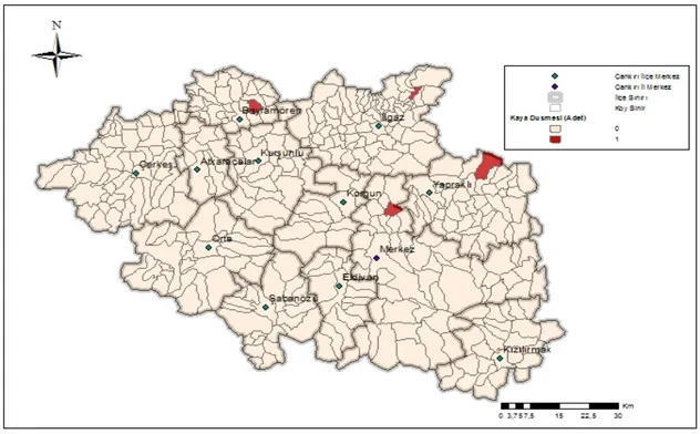 Şekil 3. Çankırı köy bazlı kaya düşmesi doğal afet dağılımı (1950 – 2010) 