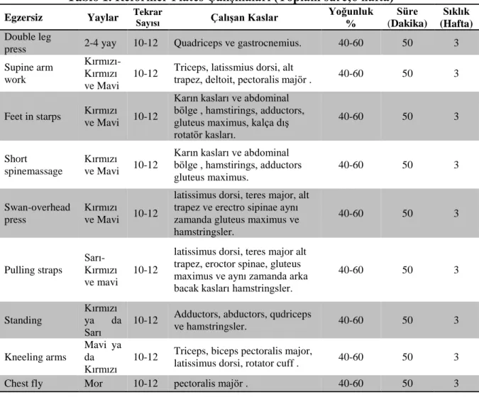 Tablo 1. Reformer Plates Çalışmaları (Toplam süre;6 hafta) 