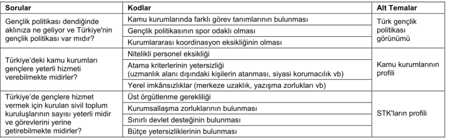 Tablo 2: Türkiye gençlik politikası ana temasında ortaya çıkan kodlar ve alt temalar 