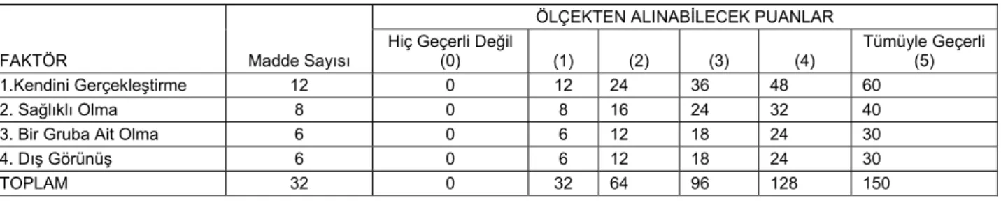 Tablo 1: Ege Envanterinden Alınabilecek Puanlar 