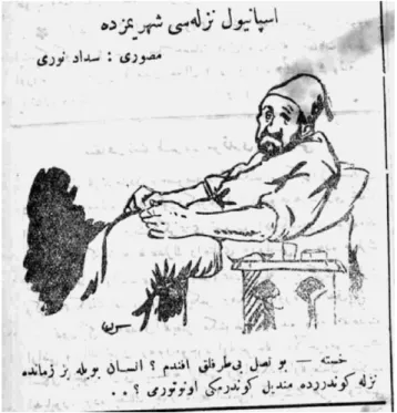 Figure 1:  “The Spanish Flu is in our town”  “Illustrator: Sedad Nuri” 