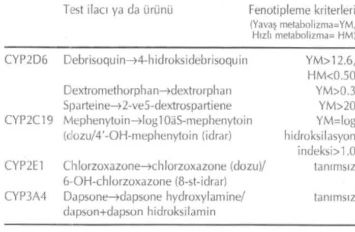 Tablo 5. CYP fenotiplemesinde kullanılan bazı ilaç fenotipleri 