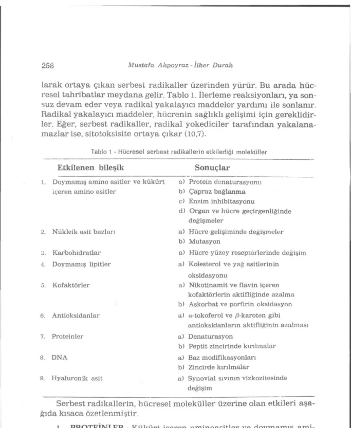 Tablo 1 - Hücresel serbest radikallerin etkilediği moleküller 