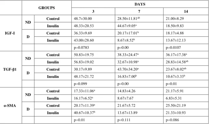 Table 2. Count of cells exhibiting IGF-I, anti-TGF-β1, and anti-αSMA immunopositive (+) activity