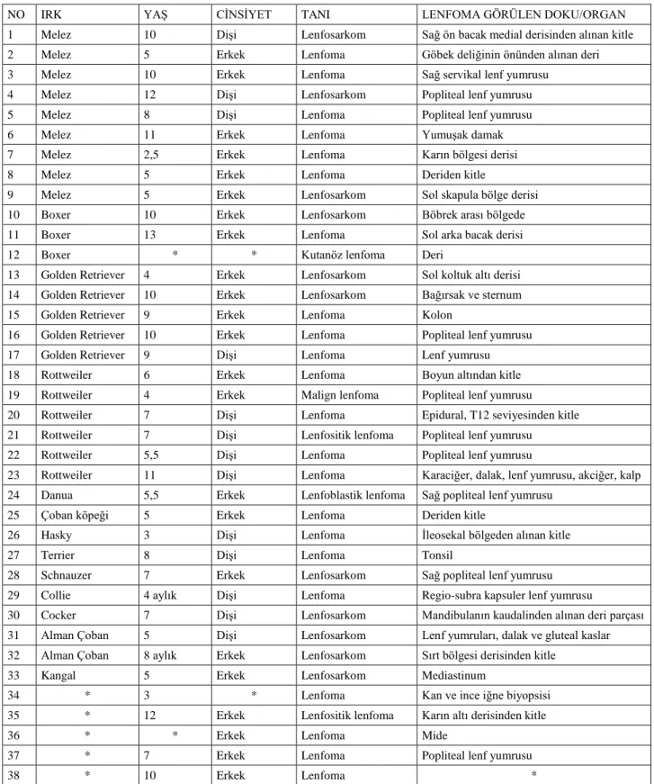 Tablo 1. Köpeklerde görülen lenfomaların dağılımı.  Table 1. Distribution of lymphoma cases in dogs