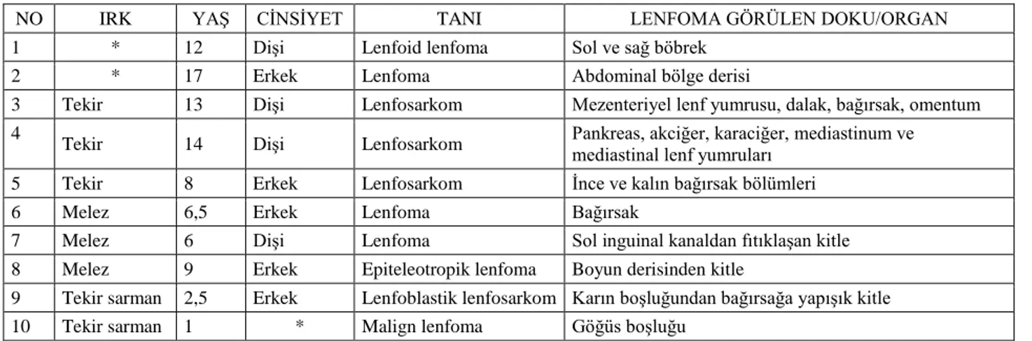 Tablo 2. Kedilerde görülen lenfomaların dağılımı.  Table 2. Distribution of lymphoma cases in cats