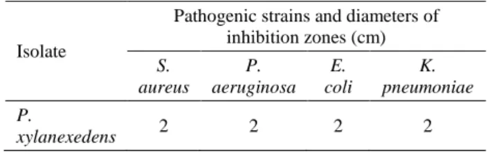 Table 3. Antimicrobial activity of isolate P. xylanexedens.  Tablo 3. P. xylanexedens izolatlarının antimikrobiyel özellikleri