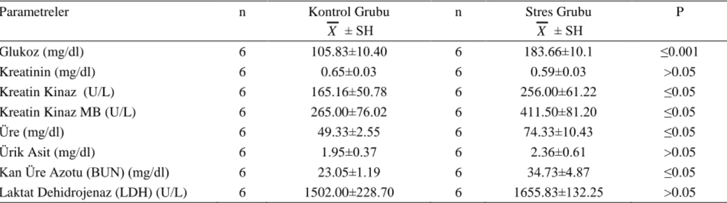 Tablo 1: Kontrol ve stres gruplarının böbrek fonksiyon testleri.   Table 1: Kidney function tests of control and stress groups