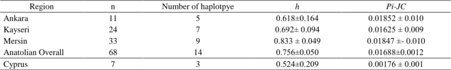 Table 2. Haplotype and nucleotide diversity values based on D-loop sequences  Tablo 2