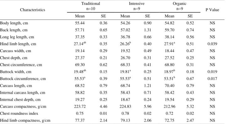 Table 3. Means and standard errors (SE) for certain carcass measurements in lambs  Tablo 3