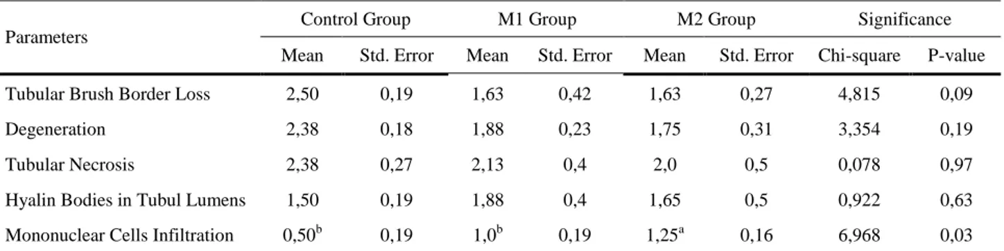 Table 1. Statistical analysis results of histopathologic parameters.  Tablo 1. Histopatolojik parametrelerin istatistiksel analiz sonuçları