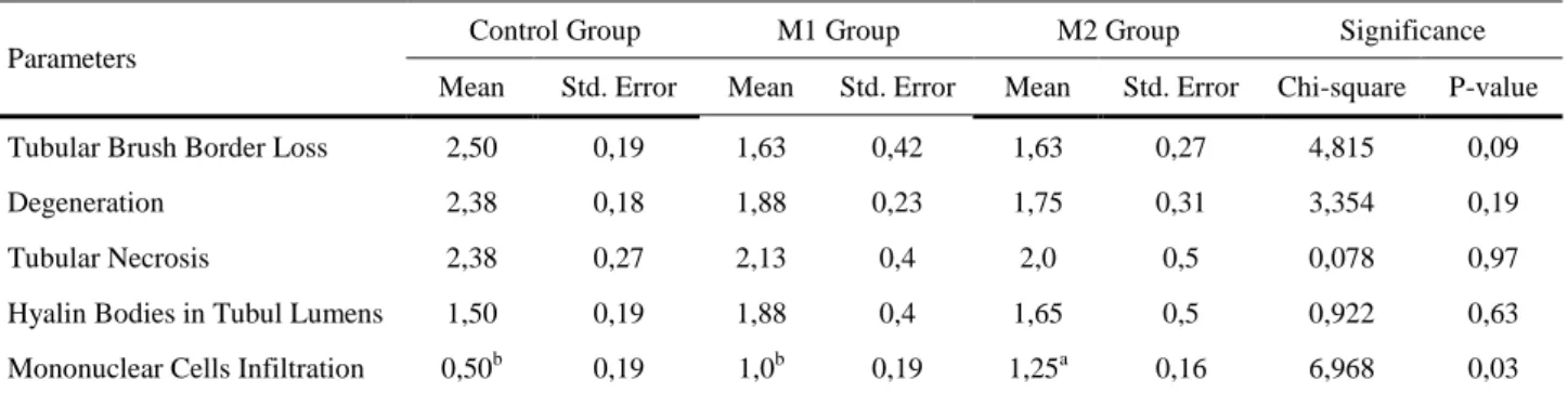 Table 1. Statistical analysis results of histopathologic parameters.  Tablo 1. Histopatolojik parametrelerin istatistiksel analiz sonuçları