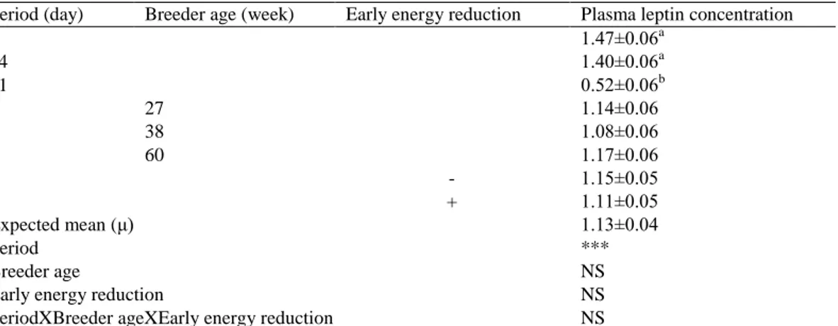 Table 7. Effects of breeder age and early energy restriction on plasma leptin concentrations (ng/ml) of broilers in different period
