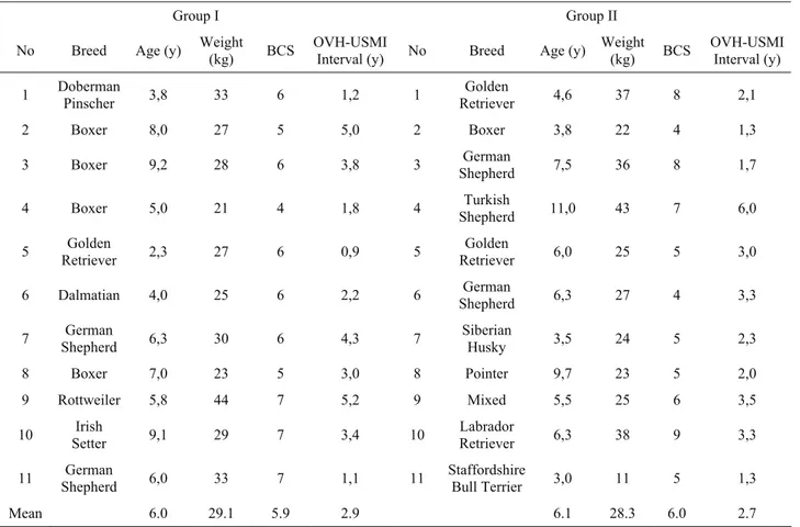 Table 1. Descriptive data of the bitches included in the study.  Tablo 1. Çalışmada kullanılan köpeklere ait tanımlayıcı veriler