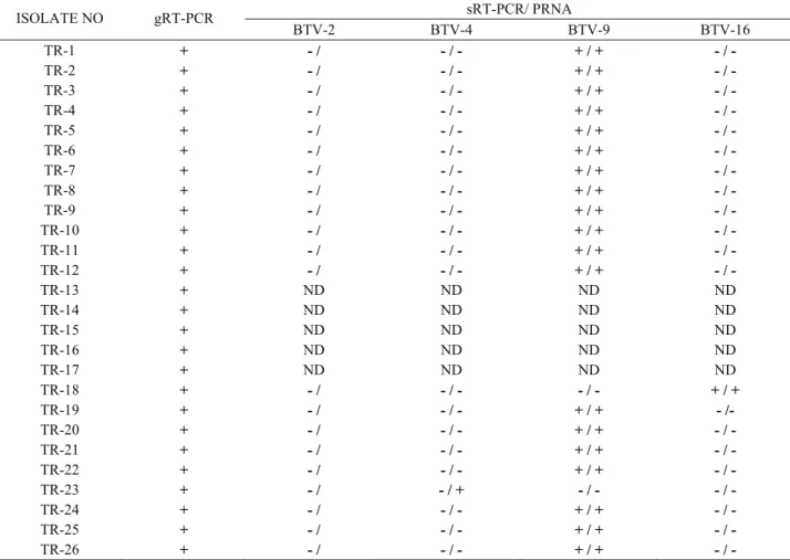 Table 4. Comparative results of BTV isolates with gRT-PCR and sRT-PCR/PRNA 