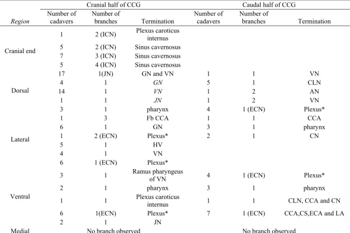 Table 1: Nerve branches orinigating from the cranial cervical ganglion (CCG) of roe deer: origin, number and termination  Tablo 1: Karacada ganglion cervicale craniale’den ayrılan sinir kolları: başlangıç, sayı ve sonlanması  